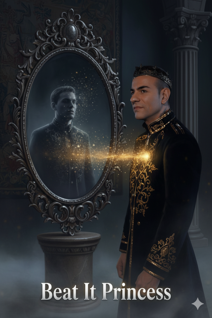 KOKOFF - Offizielles Cover Artwork der Single 'Beat It Princess' - Künstler im königlichen, goldenen Mantel vor magischem Spiegel